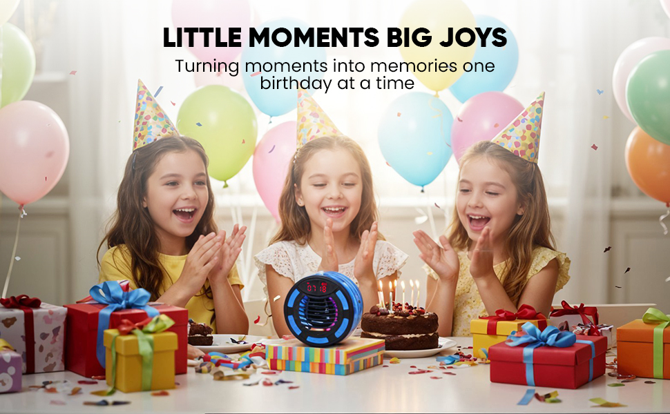 Portable party speaker for kids birthday with RGB lights, clock display, and loud stereo sound
