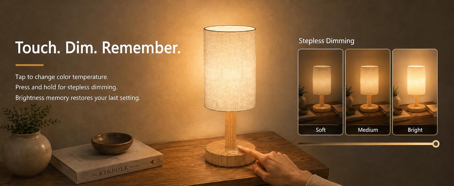 Text reads 'Touch. Dim. Remember.' Three warm-lit glass jars on dark surface with ambient lighting in home setting.