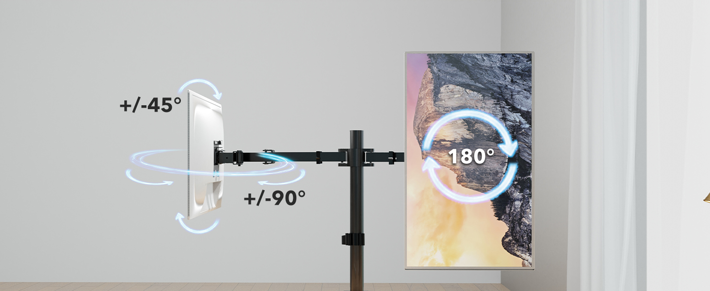 Motion: tilt ±45°, swivel ±90°, rotate 180° to switch between landscape/portrait.