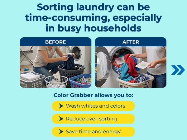 Carbona Color Grabber allows whites and colors to be washed together while reducing sorting time