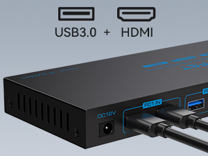 Black electronic device hub showing USB 3.0 and HDMI ports with blue LED indicators and multiple connection ports.