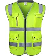 amoolo Safety Vest with 9 Pockets, Zipper and Padded Neck, High Visibility Reflective Vest, ANSI/...