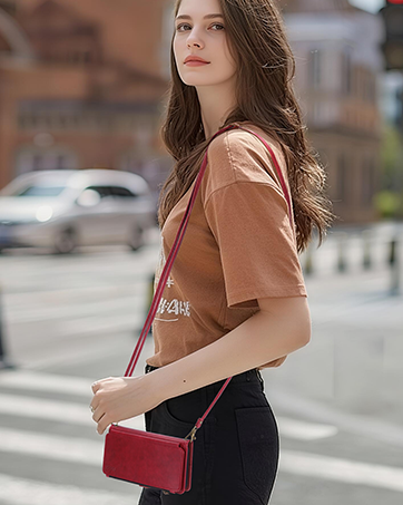 Person in casual street fashion wearing tan short-sleeved top and dark pants, carrying small red crossbody bag while walking in urban setting.