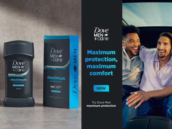 Deo stick &amp;amp; box next to a dark column with text &amp;amp; then a picture of 2 men celebrating &amp;amp; hugging.