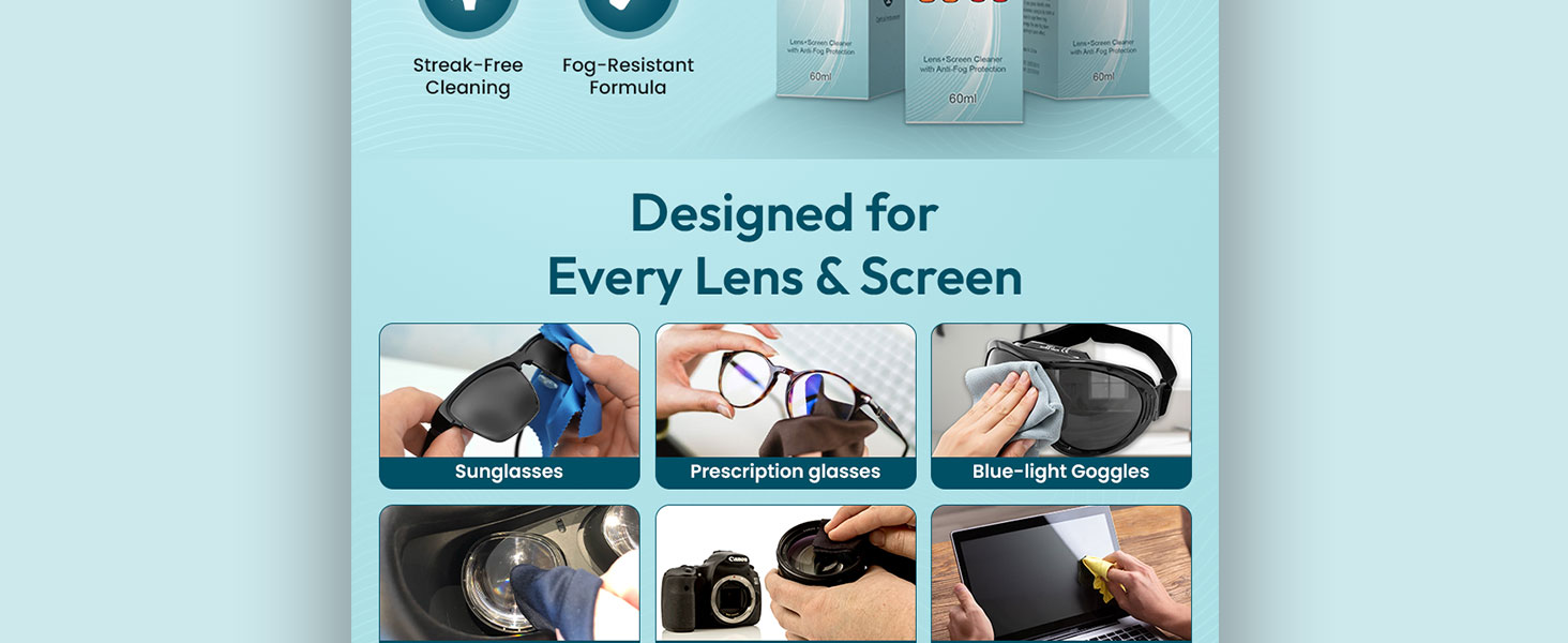 Cleaner spray safe for every lens and screen: prescription, sunglasses, VR, camera, and smartphone.
