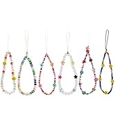 LA QUEENIE 6 PCS Beaded Phone Lanyard Wrist Strap, Colorful Bead Phone Charm, Smiley Face Fruit S...