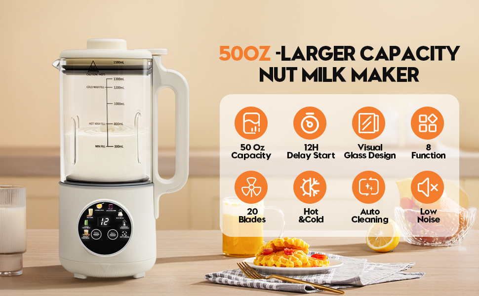 8-in-1 Nut Milk Maker Machine, 50oz Glass Soy Almond Oat Milk Maker with 20 Blades,