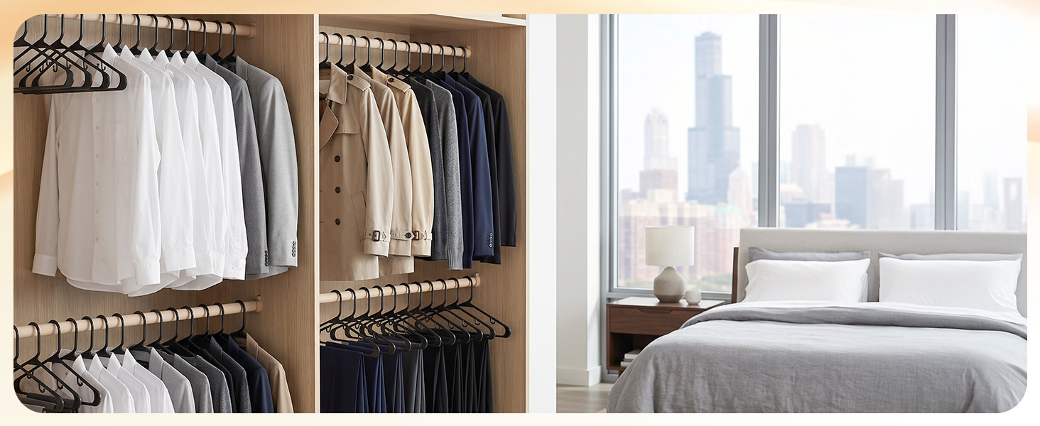 Dorm room closet with slim black plastic hangers. Fits twice as many clothes in tiny rod space