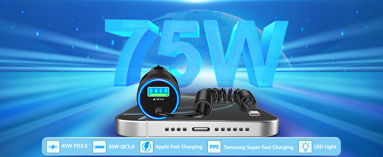 Apple MFi Certified 75W USB C PD&amp;QC Car Power Cigarette Lighter iPhone 16 Car Charger Fast Charging