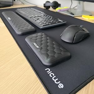 Nicwe professional desk set, matching large mouse pad and ergonomic memory foam wrist rest.