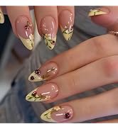 24 pcs Spring Summer Press on Nail -24 pcs Yellow French Tip Almond Fake Nails Glossy Nude Full C...