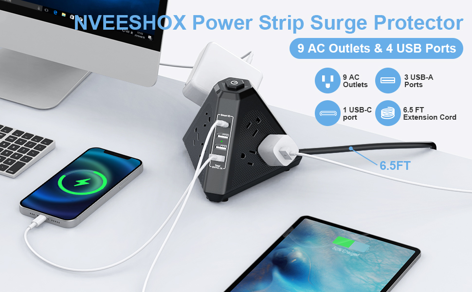NVEESHOX 13-IN-1 3-Sided Design Surge Protector Tower !