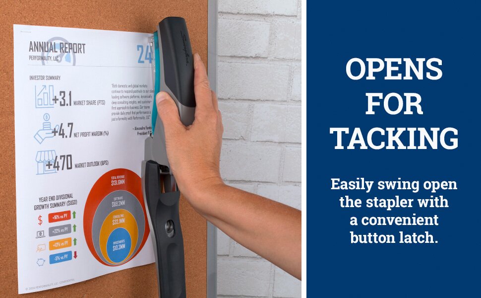 Opens for Tacking, easily swing open the stapler with a convenient button latch on the base