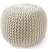Casafield Round Pouf Ottoman, Natural - 20" Diameter x 14.5" High Cotton Knit Foot Stool - Boho F...