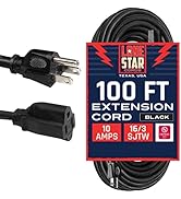 Lone Star Weatherproof Black Extension Cord 100 ft, 16 AWG Indoor &amp; Outdoor Extension Cord 3 Pron...