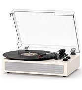 MANGOSTAN White Record Player with Built-in Speakers, Vintage Belt-Driven Turntable, Bluetooth In...