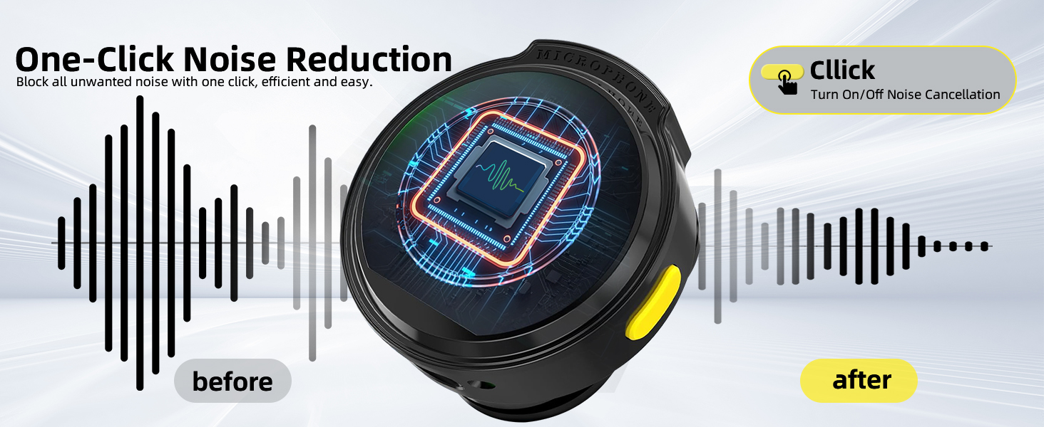 Circular device with digital display showing sound wave reduction visualization, featuring one-click noise reduction technology with before/after comparison.