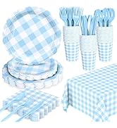 WNINK 176 PCS Light Blue Gingham Plates and Napkins, Blue Checkered Disposable Plates Set with Na...