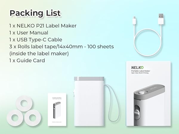 NELIKO P2L Label Maker set including the device, USB Type-C cable, roll tape, user manual