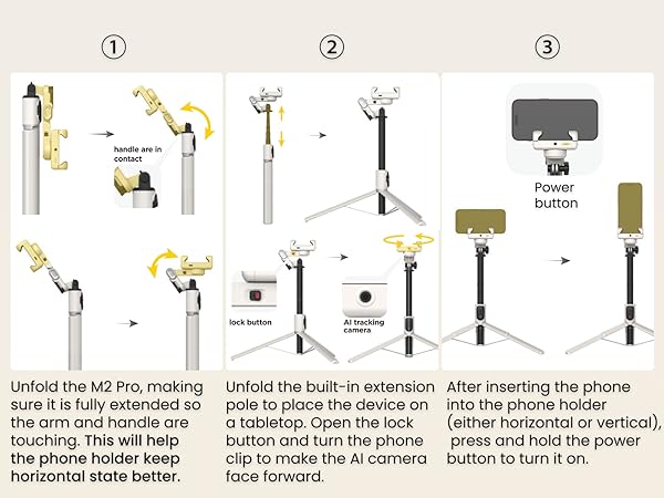 Instructional diagram showing step-by-step assembly of M2 Pro phone holder with extension arm and tabletop mounting capabilities.