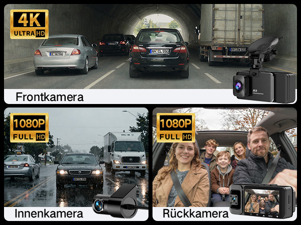 Text reads '4K', 'Frontkamera', 'Innenkamera', 'Rückkamera', '1080P'. Display showing multiple camera views from a vehicle monitoring system with different resolution indicators.