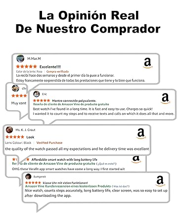 Text reads 'La Opinión Real De Nuestro Comprador' (The Real Opinion Of Our Buyer). Customer review screenshot with multiple 'a' letter markers indicating review sections and ratings.