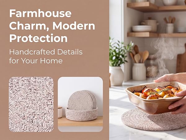 7 Inchs Hot Pads 5 Pcs and Storage Basket for Countertops