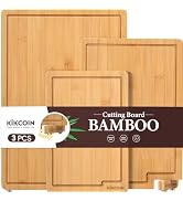 Kikcoin Bamboo Cutting Boards for Kitchen Set of 3, Extra Large Wood Cutting Board with Rotating ...