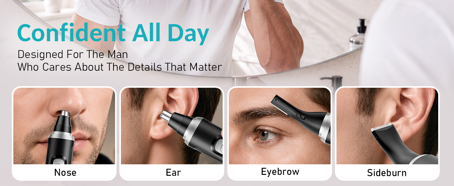 Text reads "Confident All Day" and "For Every Occasion Who Cares About The Details That Matter". Four product demonstration panels labeled Pits, Eye, Eyebrow, Sideburn showing deodorant/antiperspirant application areas on face and body.