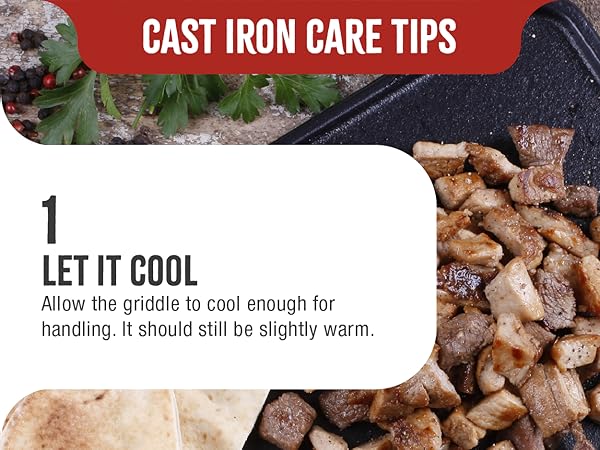 Cooked meat on a griddle. Text reads: Let it cool. Allow the griddle to cool before cleaning it.
