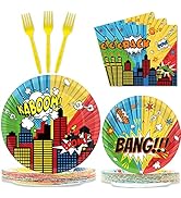 gisgfim 96 Pcs Super Theme Hero Party Plates and Napkins Party Supplies Hero Themed Party Tablewa...