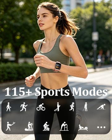 Text reads '115+ Sports Modes'. Woman jogging outdoors wearing a smartwatch, with icons displayed showing various sports tracking capabilities including running, cycling, swimming, and fitness activities.