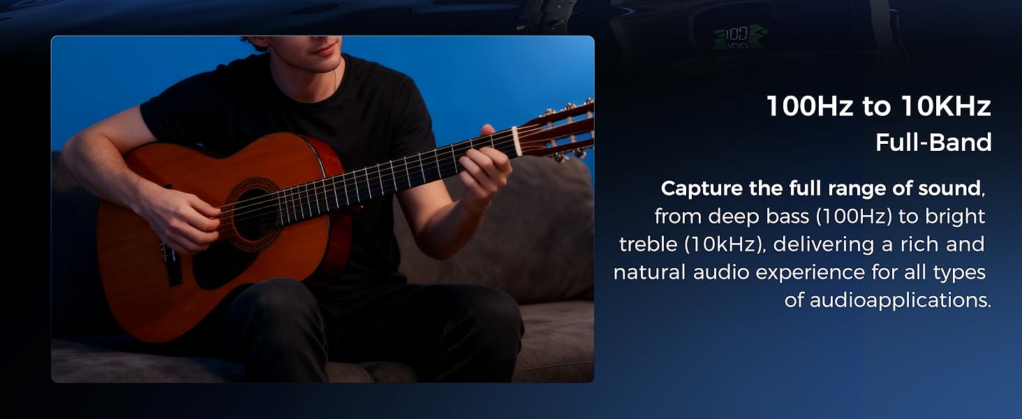 Text reads: '100Hz to 10KHz', 'Capture the full range'. Dark-toned promotional image showing acoustic guitar playing, emphasizing audio recording capabilities.