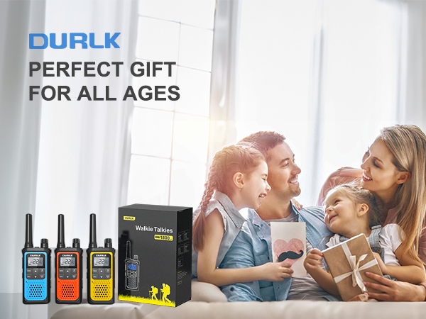 A family of four with smiles on their faces received a gift of DURLK 3 pack walkie talkies all ages