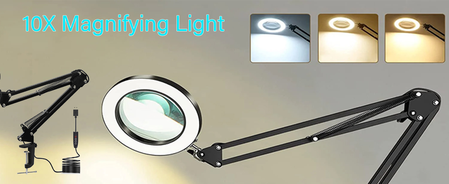 Magnifying Glass with Light,Magnifier with Stand Clamp,LED Desk Lamp 