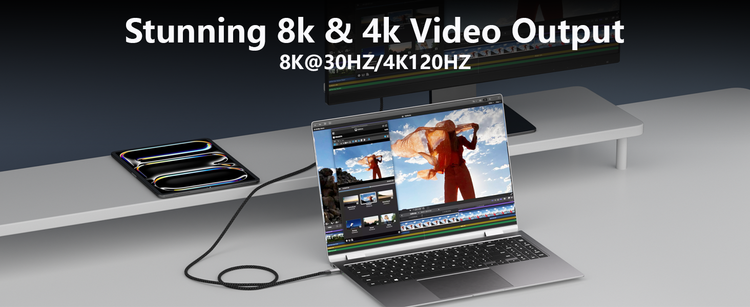 Text reads 'Stunning 8k &amp; 4k Video Output' and '8K@30HZ/4K/120HZ'. Image shows laptop connected to display demonstrating high-resolution video capabilities.