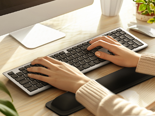 Ergonomic keyboard setup with wrist rest pad on wooden desk, alongside computer monitor and decorative plant.