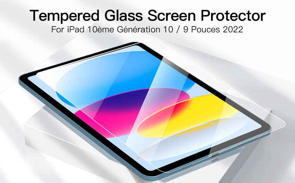 Tempered glass screen protector for iPad 10th Generation/9. Clear, rectangular protector shown floating above a colorful tablet screen display.
