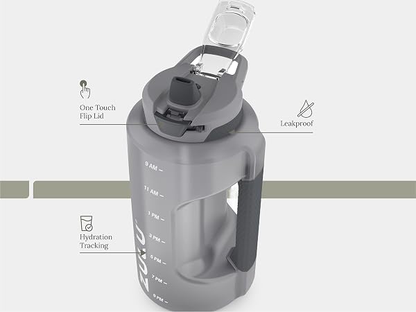 Zulu Goals water bottle close-up highlighting carry loop, leakproof lid, and hydration tracker.