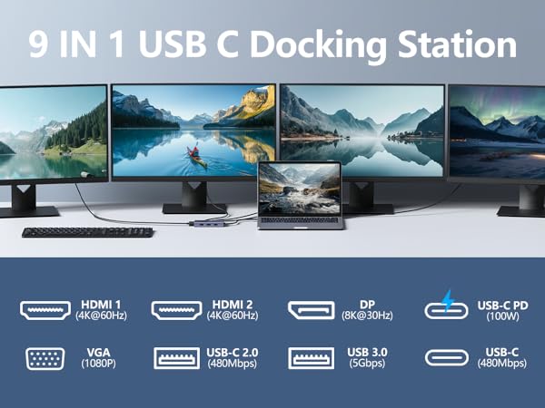 USB C Docking Station Dual HDMI Monitor Adapter USB C Hub 3 Monitors