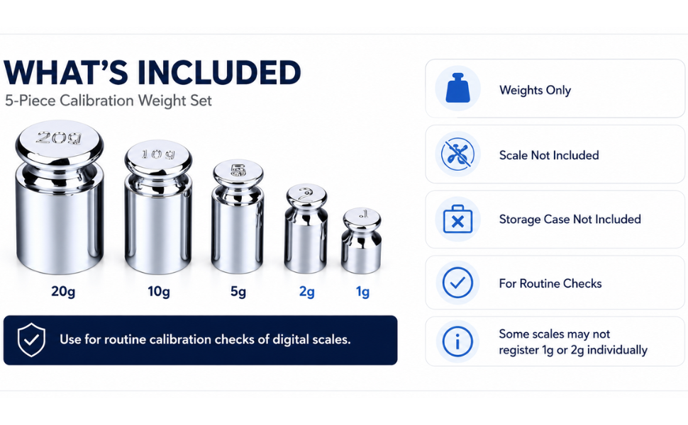 What&amp;#39;s included: 20g 10g 5g 2g 1g calibration weights only, scale and storage case not included