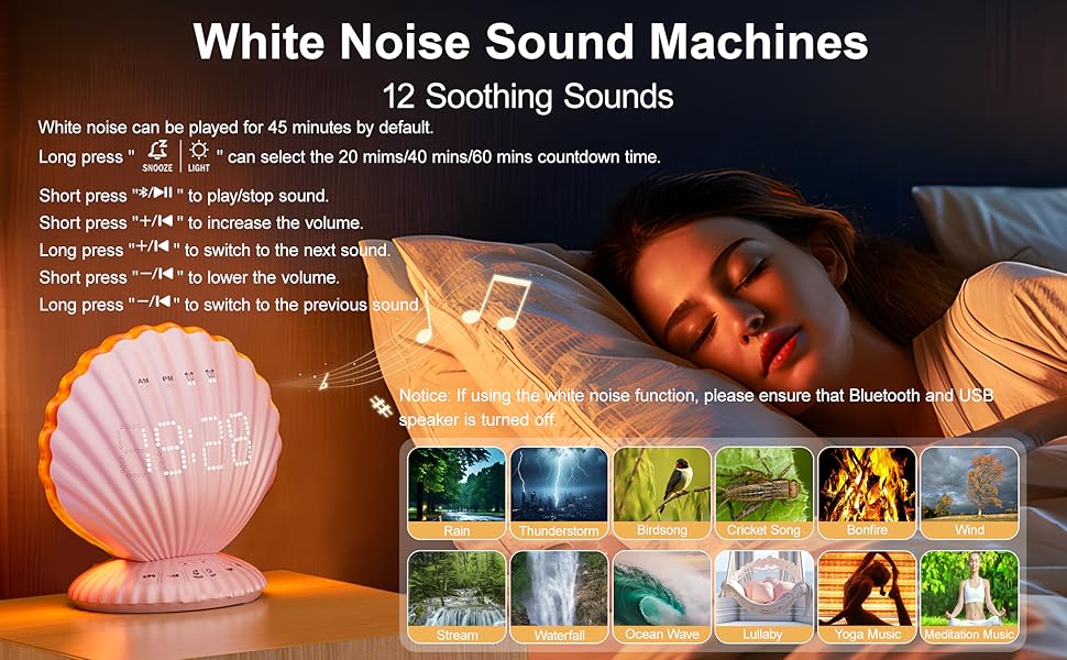 alarm clock with sound machine,alarm clock aesthetic,alarm clock for teens girls,pink noise machine