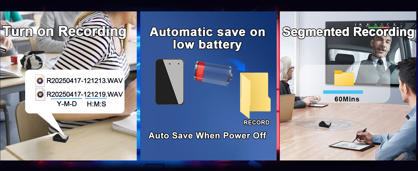 features of a recorder: turn-on recording, automatic save on low battery, and segmented recording.