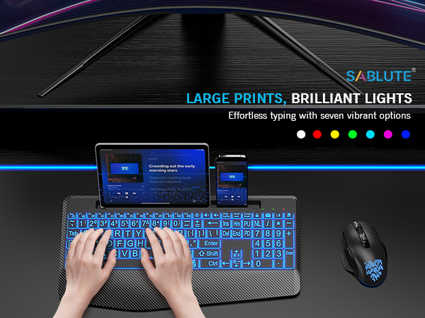 large print full-size ergonomic wireless keyboard and mouse 