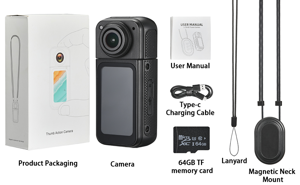 What&amp;#39;s in the box, user manual, type cable , 64GB TF card, Lanyard, Magnetic neck mount