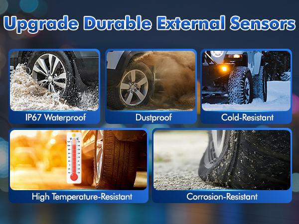 Infographic showcasing durable external sensors for vehicles. Features include IP67 waterproof, dustproof, cold-resistant, high temperature-resistant, and corrosion-resistant capabilities, illustrated with relevant images.