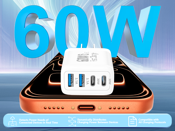 2Pack 60W 4Port USB C Wall Charger Block Dual PD+QC Power Type C Fast Charging Adapter USB-A Charge
