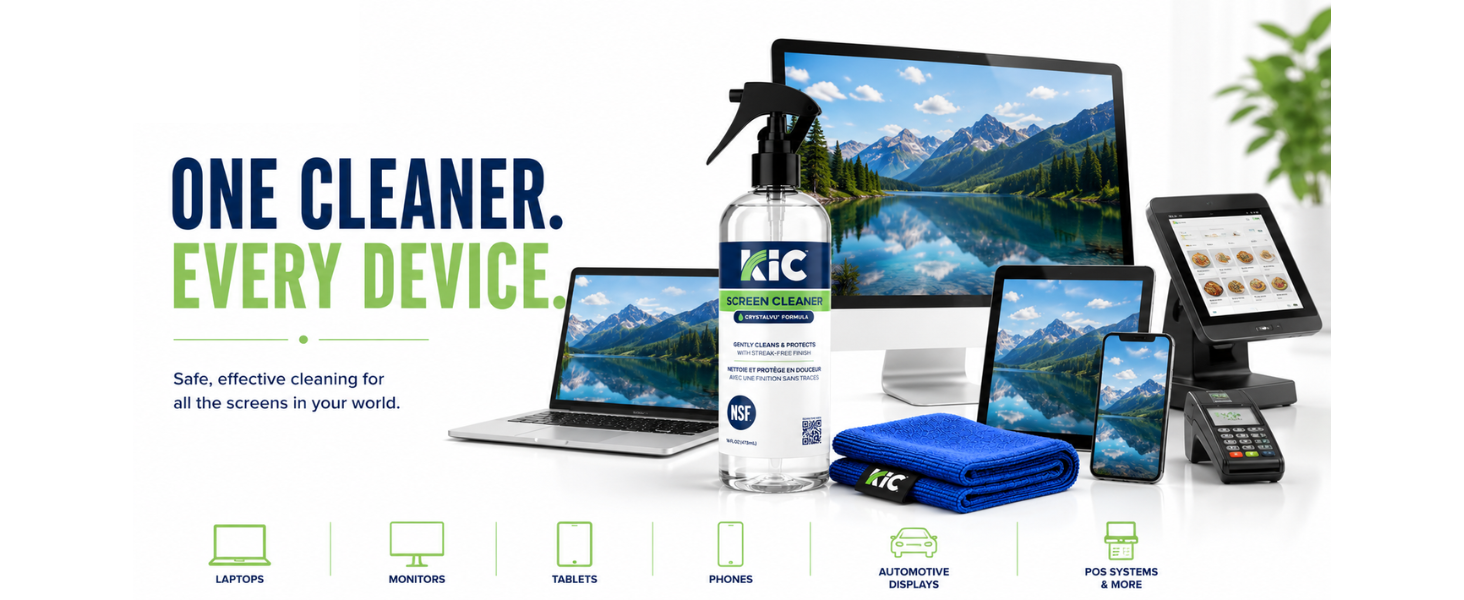 KiC Screen Cleaner displayed with laptops, monitors, tablets, phones, automotive displays
