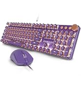Wired Typewriter Keyboard and Mouse Combo, Low Noise Pink Switch-Purple | White Backlit, Retro Pu...