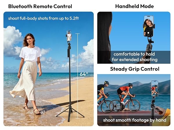 Text reads 'Bluetooth Remote Control', 'Handheld Mode', 'Steady Grip Control', 'shoot full-body shots from up to 3.2ft', 'comfortable to hold for extended shooting', 'shoot smooth footage by hand'. Beach scenes showing photography equipment usage.